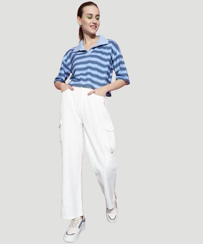 Women's Blue Striped Half Sleeves Loose Fit Top